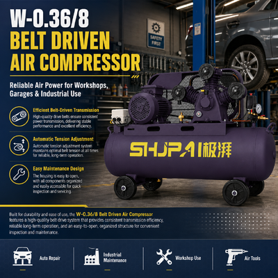 W-0.36/8 Belt Driven Air Compressor 3.0kW 380V 0.36m³/min 0.8MPa 90L Industrial Workshop Air Compressor