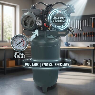 Single Phase Air Compressor 8 Bar 100L Vertical Tank 1.5KW Quiet Workshop Unit