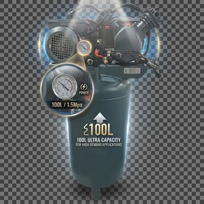 Single Phase Air Compressor 8 Bar 100L Vertical Tank 1.5KW Quiet Workshop Unit