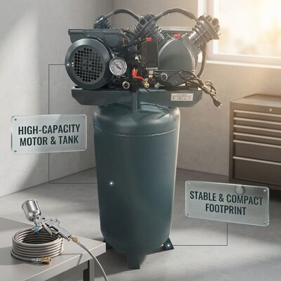 Single Phase Air Compressor 8 Bar 100L Vertical Tank 1.5KW Quiet Workshop Unit