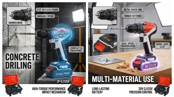 SHJPAI JP-CJ125X 20V Brushless Cordless Impact Drill 125Nm High Torque 13mm Chuck 2x 4.0Ah Kit