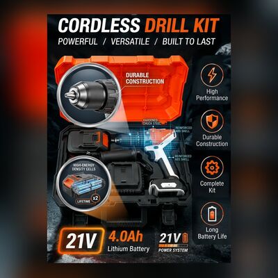 21V Brushless Cordless Drill 60N.M High Torque 13mm Keyless Chuck LED Work Light